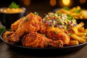 Crispy fried chicken drumsticks served with coleslaw and golden fries, perfect for hearty meal. Enjoy delicious flavors and textures in this appetizing dish photo