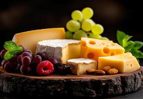 stunning cheese board featuring various types of cheese, grapes, raspberries, and almonds, perfect for gatherings and celebrations. vibrant colors and textures create inviting display photo