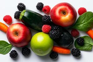 Fresh fruits and vegetables including apples, zucchini, blackberries, and spinach create vibrant and healthy arrangement, showcasing nature bounty photo