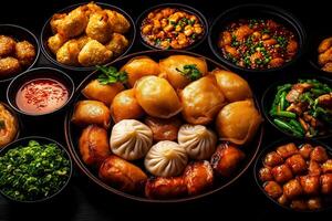 round table filled with various Chinese dim sum dishes, including dumplings, spring rolls, and sauces, creating vibrant and appetizing display photo
