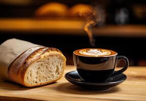 warm cappuccino with latte art sits beside rustic loaf of bread, creating cozy atmosphere perfect for relaxing moment photo