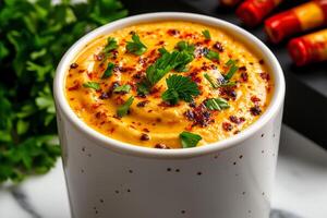 Creamy hummus topped with spices and fresh herbs in white bowl, surrounded by parsley and colorful condiments. Perfect for dipping and sharing photo