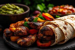 Sizzling chicken fajitas with colorful peppers and onions, served with guacamole and salsa, create vibrant and delicious meal perfect for gatherings photo