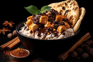 delicious bowl of chicken korma served with rice and naan bread, garnished with fresh mint leaves. rich flavors and spices create warm and inviting meal experience photo