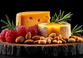 wooden platter displays various cheeses, nuts, and fresh raspberries, creating vibrant and appetizing arrangement. Perfect for gatherings or gourmet presentations photo