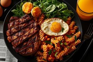delicious flat lay of hearty meal featuring grilled steak, pasta, fried egg, and fresh greens, complemented by refreshing drink photo