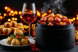 round table set with delicious Chinese dim sum, including baozi and egg rolls, creates warm and inviting atmosphere. steam rising from food adds to delightful experience photo