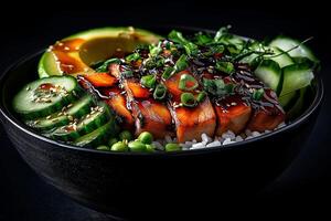 fresh and vibrant sashimi bowl featuring grilled salmon, avocado slices, and cucumber, garnished with green onions and sesame seeds, creating delightful culinary experience photo