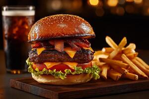 delicious giant hamburger with lettuce, tomato, cheese, and crispy bacon, served with golden fries and cold drink, perfect for satisfying meal photo