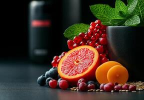 Fresh fruits and herbs arranged beautifully, showcasing vibrant colors and textures. This composition includes oranges, blueberries, red currants, and mint leaves, evoking sense of health and photo