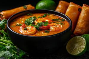 Delicious Tom Yum soup with shrimp, lime leaves, and fresh herbs, served with crispy spring rolls and lime. perfect blend of flavors and textures photo