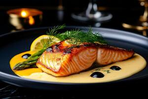 beautifully plated salmon fillet garnished with lemon and herbs, served with asparagus and creamy sauce, creating elegant dining experience photo