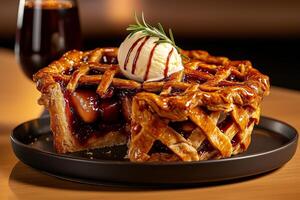 delicious apple pie with golden crust, topped with ice cream and sprig of rosemary, served on black plate. warm dessert is perfect for any occasion photo