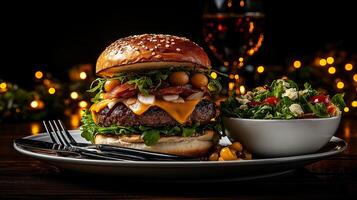 delicious burger with cheese, bacon, and fresh toppings served on plate alongside colorful salad. warm ambiance is enhanced by soft lighting and glass of wine in background photo