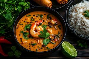 Delicious Tom Yum soup with shrimp, lime, and fresh herbs, served with rice and spring rolls, creating vibrant and appetizing meal experience photo