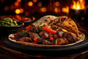 Sizzling chicken fajitas with peppers and onions served on warm tortilla, accompanied by guacamole and salsa. vibrant colors and smoky ambiance create delightful dining experience photo