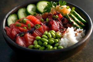 fresh and vibrant sashimi bowl featuring tuna, avocado slices, edamame, and cucumber, garnished with green onions and herbs, perfect for healthy meal photo
