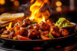 Sizzling chicken fajitas with colorful peppers and onions, served with guacamole and tortillas, create vibrant and appetizing dish photo