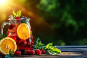 Refreshing summer cocktail with lemon, orange, and berries, served in glass pitcher. Perfect for warm days, garnished with fresh mint leaves photo