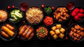 vibrant and colorful array of Asian dishes including noodles, spring rolls, and various vegetables, creating delightful feast for senses photo