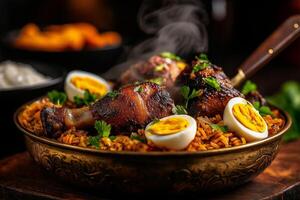 Delicious chicken biryani with hardboiled eggs, garnished with herbs, served in traditional bowl. dish is aromatic and visually appealing, perfect for festive meal photo
