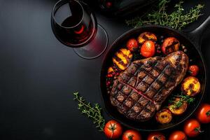 Delicious medium rare steak served in skillet with grilled vegetables and glass of red wine, creating perfect dining experience photo