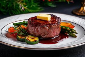 beautifully plated steak with butter, surrounded by colorful vegetables, showcasing gourmet dining experience photo