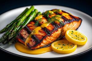 Grilled salmon fillet served with asparagus and lemon slices, drizzled with sauce. delicious and healthy meal that looks appetizing and vibrant photo
