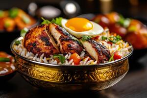 Delicious biryani with grilled chicken, rice, and fried egg, garnished with herbs and vegetables, creating vibrant and appetizing dish photo