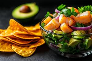 Fresh ceviche with white fish, red onion, and lime served in glass bowl, accompanied by crispy tortilla chips and halved avocado. vibrant and appetizing dish perfect for sharing photo
