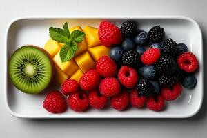 Fresh fruit platter featuring mango, kiwi, and assorted berries, beautifully arranged for vibrant and healthy snack. Perfect for summer gatherings or nutritious breakfast photo