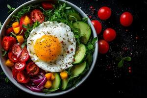Fresh salad with mixed vegetables, fried egg, and vibrant colors photo
