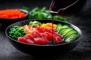 vibrant sashimi bowl featuring fresh tuna, avocado, and colorful vegetables, drizzled with sauce. Perfect for sushi lovers seeking delicious and healthy meal photo