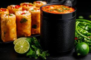 steaming bowl of flavorful soup with shrimp, lime leaves, and fresh herbs, accompanied by spring rolls and lime slices, creates vibrant culinary scene photo