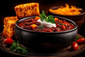Delicious chili with cheddar cheese and sour cream, garnished with parsley, served with cornbread and shredded cheese. perfect comfort food for gatherings photo
