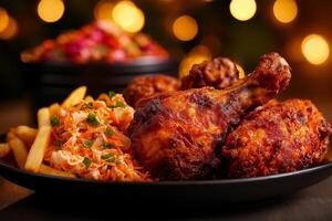 Delicious plate of hot and spicy fried chicken with coleslaw and fries, perfect for festive gathering. vibrant colors and textures create inviting atmosphere photo