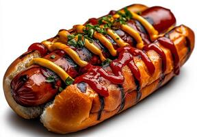 delicious hot dog topped with ketchup and mustard, garnished with chopped green onions, served on toasted bun. Perfect for summer barbecue or picnic photo