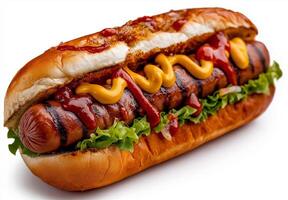 Delicious hot dog topped with mustard, ketchup, and fresh lettuce in bun photo