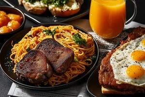 Delicious flat lay of pasta, grilled meat, fried eggs, and orange juice, showcasing vibrant meal with rich flavors and textures, perfect for food lovers photo