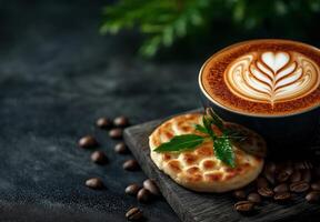 rich cappuccino with latte art beside flat round bread on wooden board, surrounded by coffee beans, creating cozy atmosphere photo