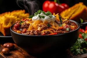 Delicious chili with cheddar cheese and sour cream, garnished with fresh herbs, served in black bowl. Perfect for cozy meal, accompanied by cornbread and fresh vegetables photo