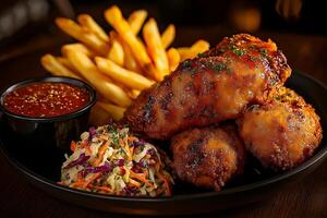 Delicious platter of crispy fried chicken, golden fries, and fresh coleslaw served with tangy dipping sauce, perfect for satisfying meal photo