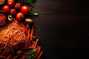 Delicious spaghetti with fresh vegetables, mushrooms, and tomatoes, garnished with herbs, creating vibrant and appetizing scene perfect for culinary inspiration photo