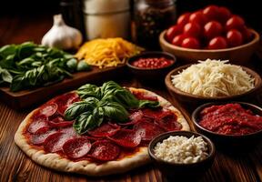 Fresh ingredients for homemade pizza preparation, featuring pepperoni, basil, and various cheeses. rustic setting enhances culinary experience photo
