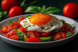 Fresh salad with vegetables and fried egg garnished with basil photo