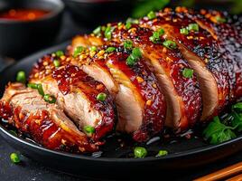 Sliced roast duck with glossy glaze, garnished with green onions, served on black plate. delicious and visually appealing dish perfect for any occasion photo