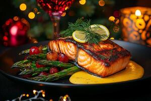 beautifully plated salmon fillet garnished with lemon and herbs, served with asparagus and cherry tomatoes, creating festive dining experience photo