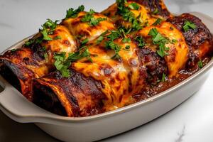 Delicious enchilada casserole topped with melted cheese and fresh herbs, perfect for comforting meal. This dish is sure to delight with its rich flavors and inviting presentation photo