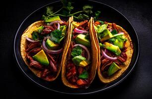 Delicious braised beef tacos topped with avocado, red onion, and fresh cilantro, served on black plate. perfect dish for taco lovers photo