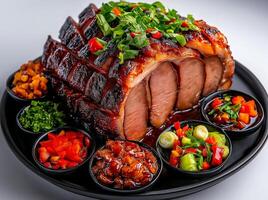 Sliced meat on large platter, garnished with herbs and colorful sauces, showcasing delicious Chinese style dish. Perfect for sharing and enjoying with friends photo